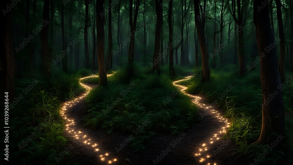 Fototapeta premium A forest path lit by the soft glow of fireflies, with their small lights creating moving, delicate patterns of light and shadow among the trees and plants.
