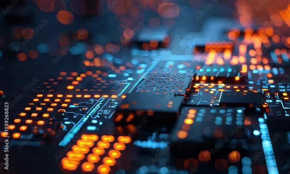 Futuristic Circuit Board with Glowing Orange and Blue Lights Representing Advanced Technology and Innovation Futuristic Circuit Board with Glowing Orange and Blue Lights Representing Advanced Technology and Innovation