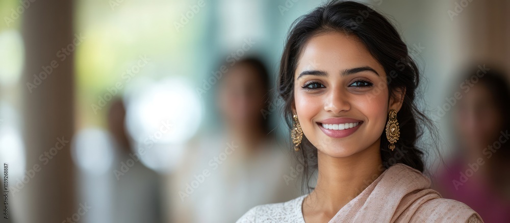 Obraz premium Portrait of a smiling young woman with long black hair, wearing a white blouse and pink shawl.