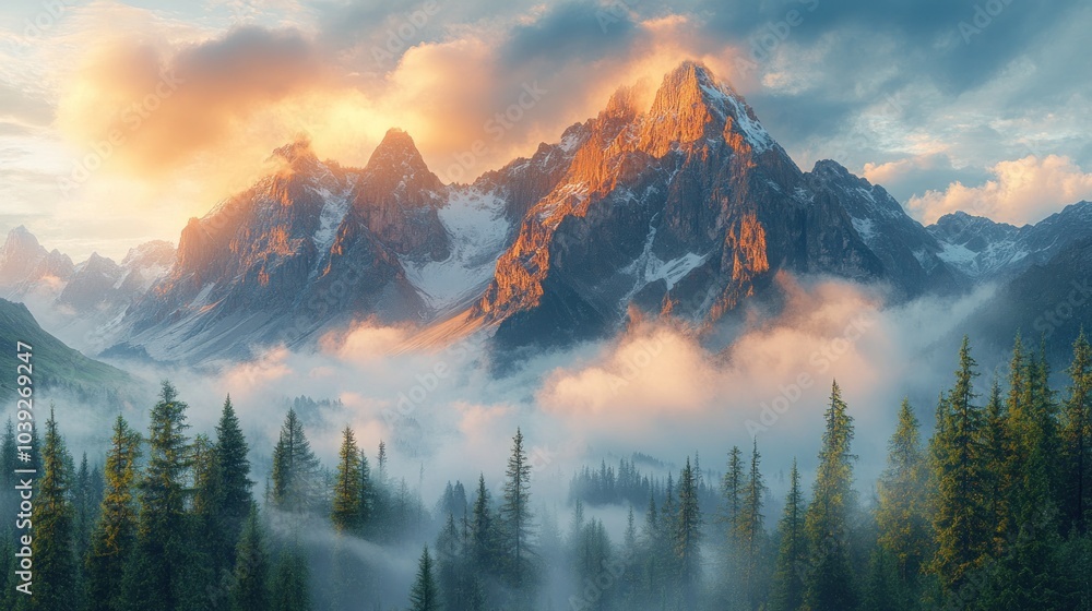 Obraz premium Majestic mountains bathed in sunset light, surrounded by clouds.
