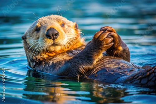 Kalan Sea Otter Swimming on Back, Cheek Massage, Cute Marine Mammal in Water, Candid Photography, Nature Wildlife, Enhydra Lutris, Playful Behavior, Coastal Ecosystem photo