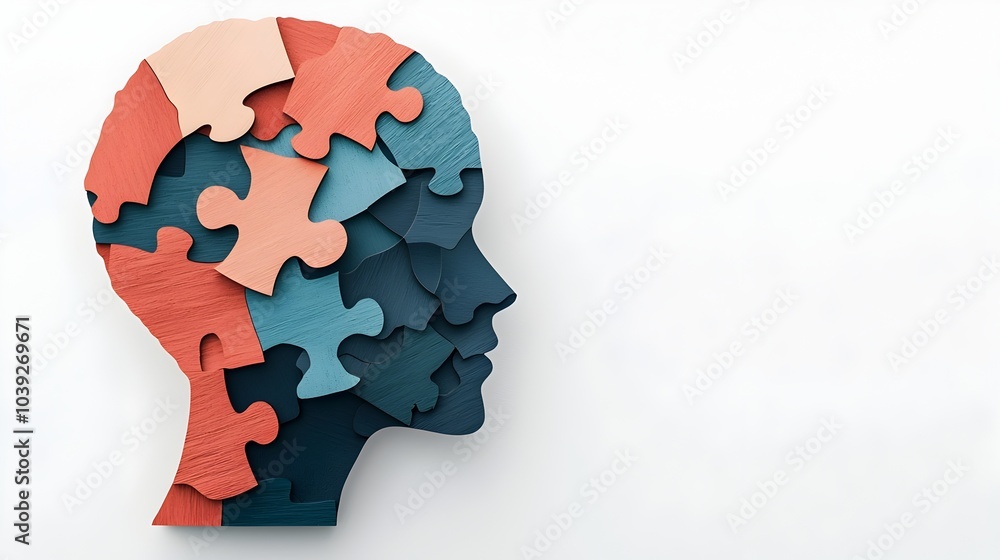 Fragmented human head made from complex puzzle pieces representing the challenges and interconnectedness of mental health awareness Fragmented human head made from complex puzzle pieces representing the challenges and interconnectedness of mental health awareness