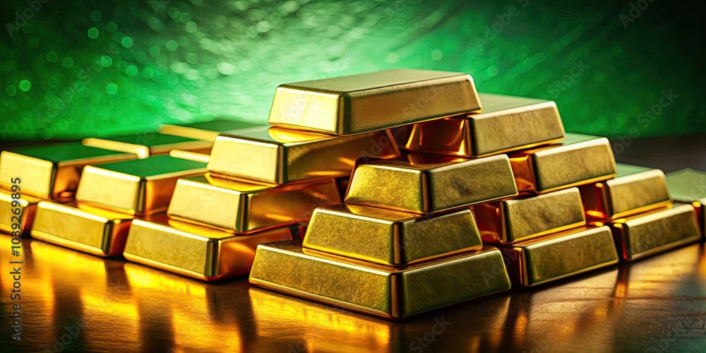 Luxurious Golden Bars on Textured Green Background - Elegant Product Photography for Gold Investment, Financial Success, and Wealth Representation Luxurious Golden Bars on Textured Green Background - Elegant Product Photography for Gold Investment, Financial Success, and Wealth Representation