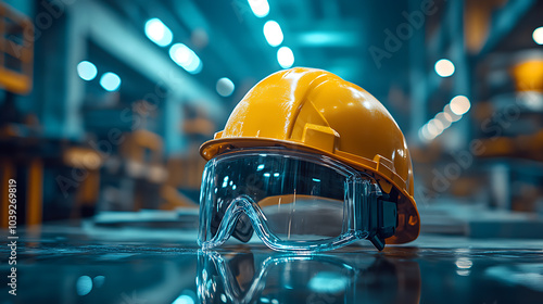 A yellow hard hat and safety glasses sit on a reflective surface in a factory setting. The blurry background highlights the safety equipment.