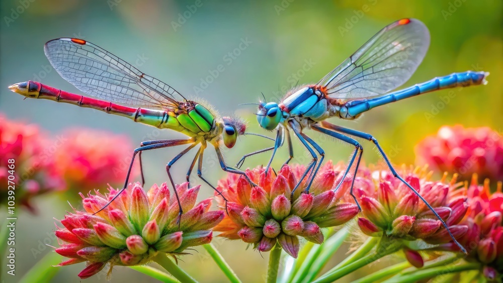 Mating Wheel of Small Redeyed Damselfly on Flowering Rush in Hesse, Germany - Nature, Wildlife, Insects, Macro Photography, Erythromma viridulum, Butomus umbellatus, Close-Up, Natural Habitat Mating Wheel of Small Redeyed Damselfly on Flowering Rush in Hesse, Germany - Nature, Wildlife, Insects, Macro Photography, Erythromma viridulum, Butomus umbellatus, Close-Up, Natural Habitat