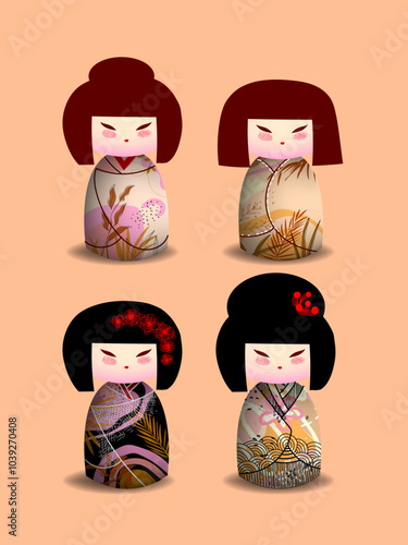 Japanese kokeshi dolls character icon vector illustration. Kawai asian girls wearing kimono. Cute cartoon asian women.