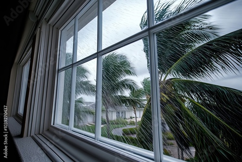 Inside of a home during a hurricane, palms in background being blown by the strong winds and rain, house is protected with the windows	 photo