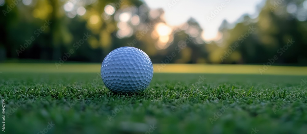 A golf ball rests on a green grass fairway with a blurred background of trees and sunset. A golf ball rests on a green grass fairway with a blurred background of trees and sunset.