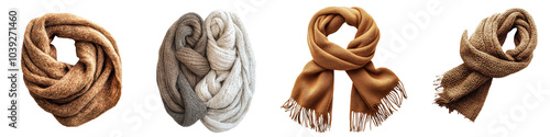 A collection of stylish scarves displayed in various colors and textures against a black background. photo