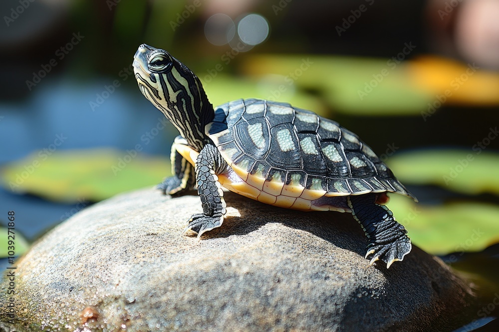 Colorful turtle basking on rock by serene lily pond Colorful turtle basking on rock by serene lily pond