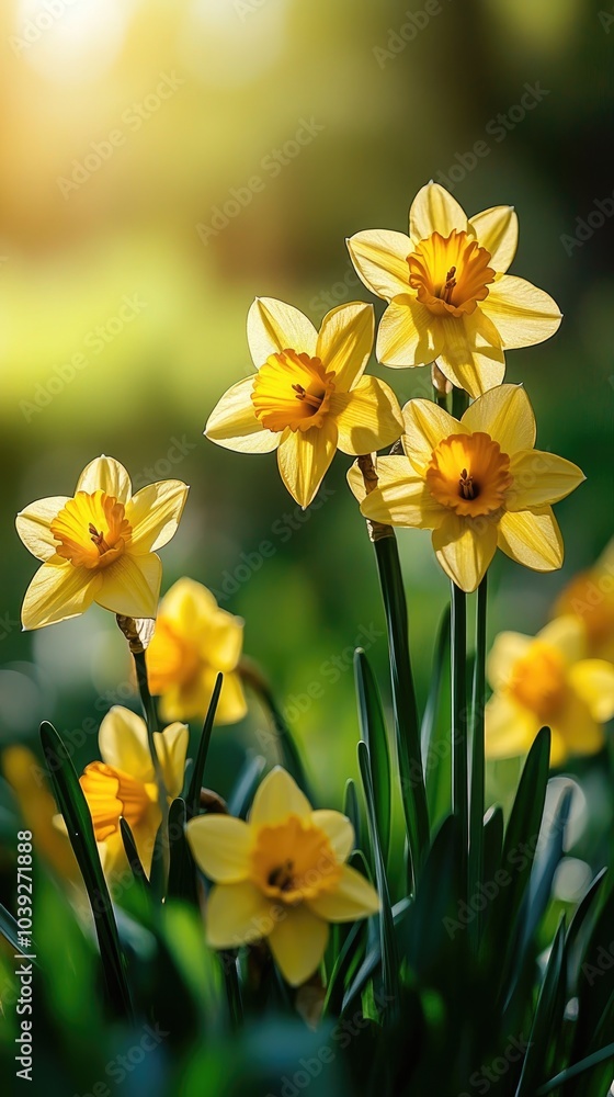 Obraz premium Yellow narcissus flowers blooming in spring garden