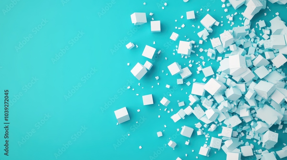 Abstract 3D Render of White Cubes Falling on a Turquoise Background Abstract 3D Render of White Cubes Falling on a Turquoise Background