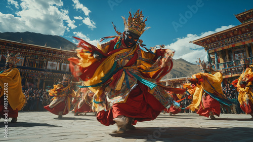 Hemis Festival, Tibetan monks wear colorful traditional costumes and big masks, they dance with graceful movements in the courtyard of the magnificent Hemis monastery, Ai generated images