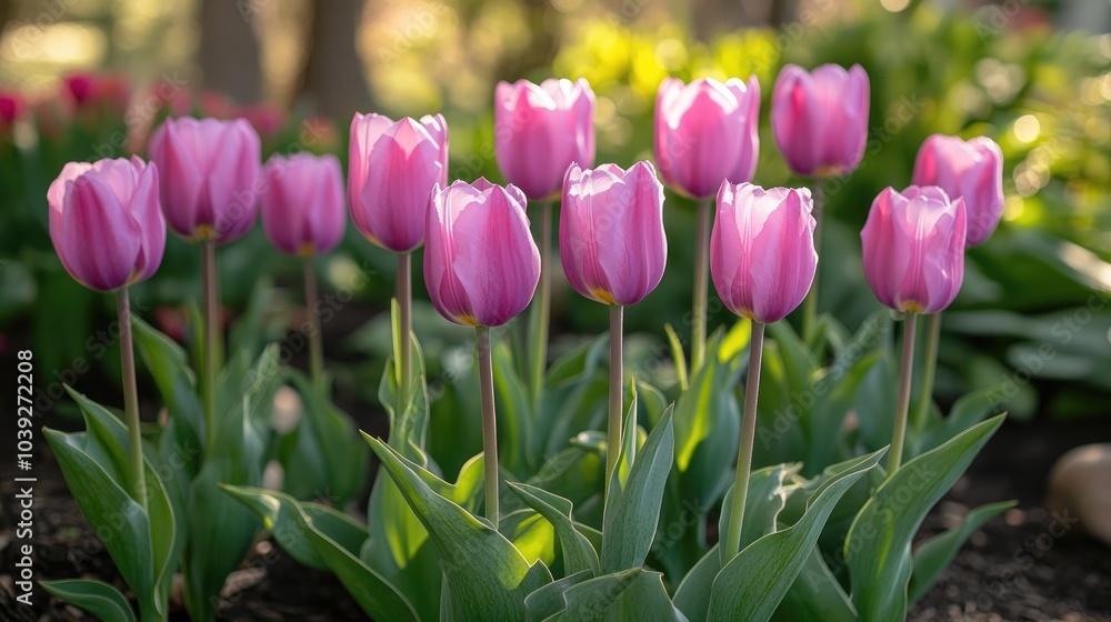 Fototapeta premium A bed of purple tulips in a garden