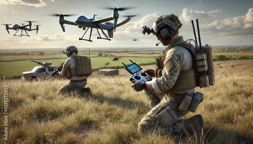 Military personnel controlling drones in a grassy field during a reconnaissance mission

