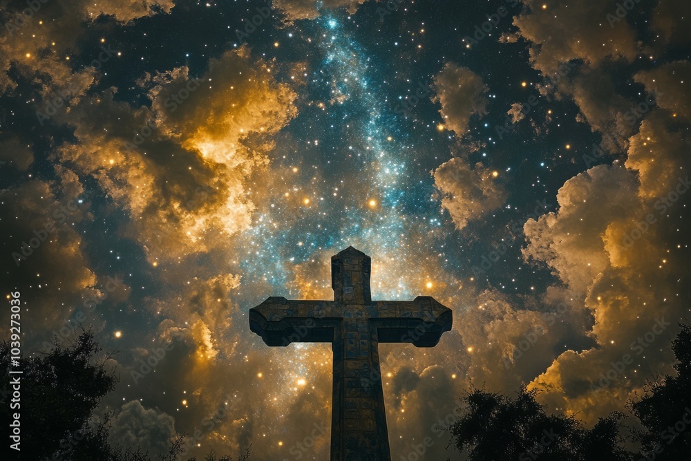 Mosaic in the heavens forming a Christian cross, starry sky, milky way, aurora borealis , constellation Mosaic in the heavens forming a Christian cross, starry sky, milky way, aurora borealis , constellation