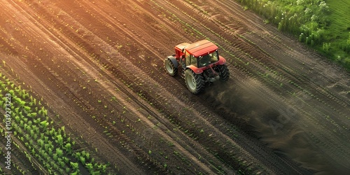 a tractor driving on a dirt field.