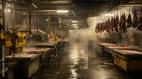 Meat production factory in an industrial setting