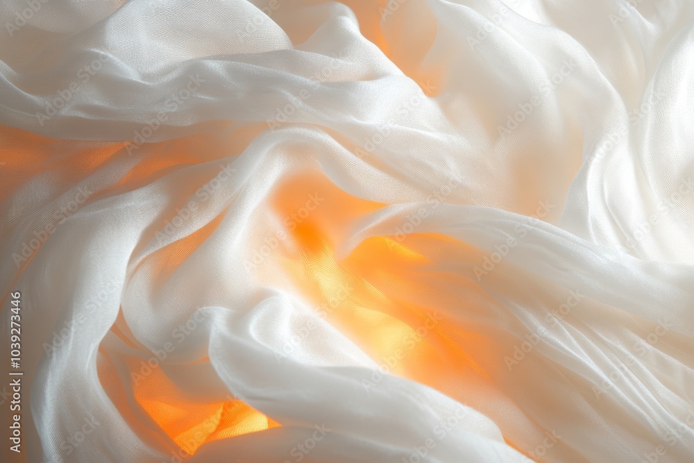 Fototapeta premium Off-white soft and fluffy silk threads, entangled together, with orange light in the middle spreading outwards