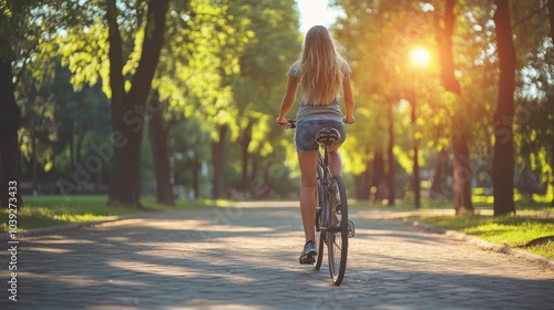 Woman Riding Bike Through Sunny Park