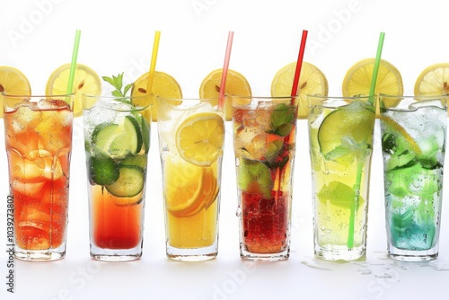 Row of colorful summer drinks with lemon, cucumber, mint, and ice served in tall glasses with straws