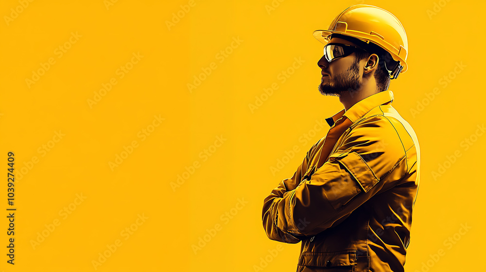 A young man wearing a hard hat and safety glasses stands with his arms crossed against a yellow background. A young man wearing a hard hat and safety glasses stands with his arms crossed against a yellow background.