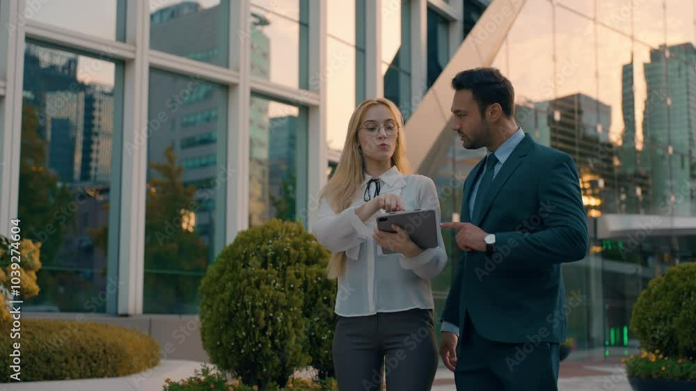 Two young successful Architects male and female business people outside big office building at sunset using Digital tablet. Collegues talking about Construction Project Outdoor. Teamwork
