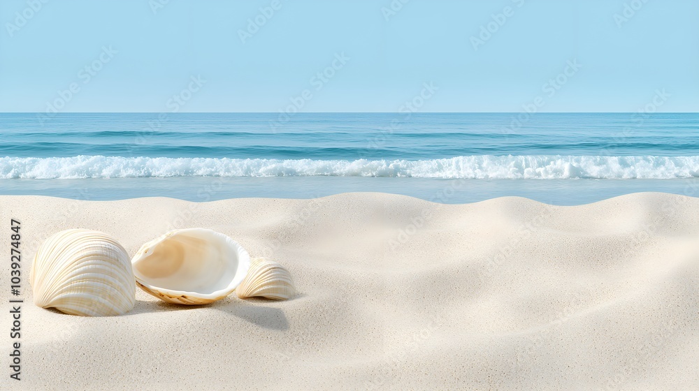 Serene beach scene with textured sand dunes and delicate shell fragments, expansive sky for copy space, perfect for product or travel advertisements Serene beach scene with textured sand dunes and delicate shell fragments, expansive sky for copy space, perfect for product or travel advertisements