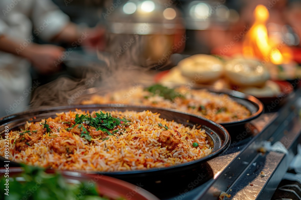 Steaming hot biryani served in a large pot garnished with herbs at a food stall
Steaming hot biryani served in a large pot garnished with herbs at a food stall