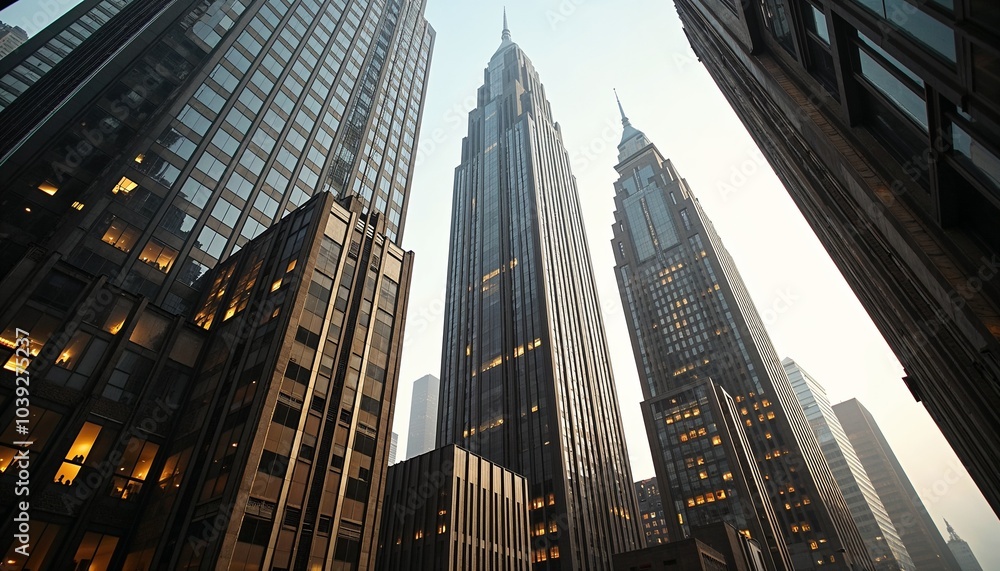 Fototapeta premium Art Deco skyscrapers with metallic and glass textures 