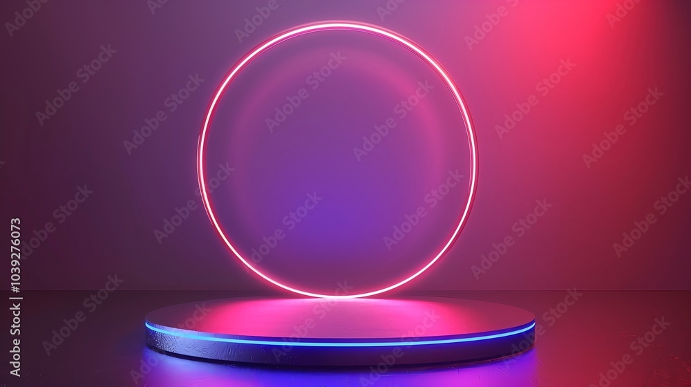 Fototapeta premium Modern round empty platform podium stand for product presentation with glowing neon lighting. 