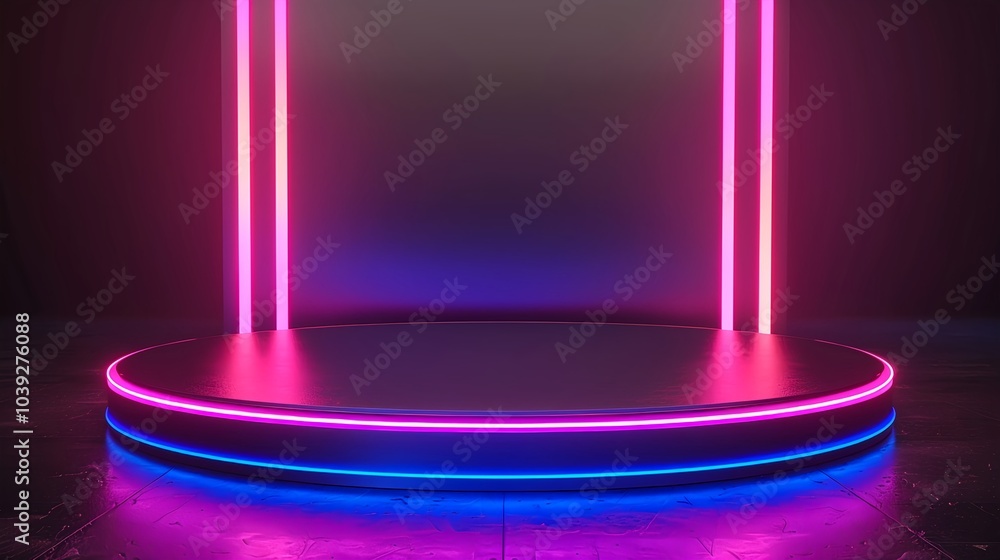 A modern round empty platform podium stands for product presentation with glowing neon lighting, which is a futuristic blank mockup.