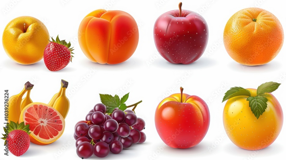 Assorted fruits including strawberry peach apple banana grape and orange arranged on a white background
Assorted fruits including strawberry peach apple banana grape and orange arranged on a white background