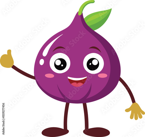 Figgy the Fig: A cartoon fig with a big smile and a friendly wave, radiating positivity and good vibes. Perfect for children's books, educational materials, or fun social media content.  