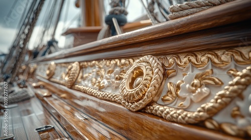 Ornate detailing on a ship's wooden railing showcases craftsmanship.