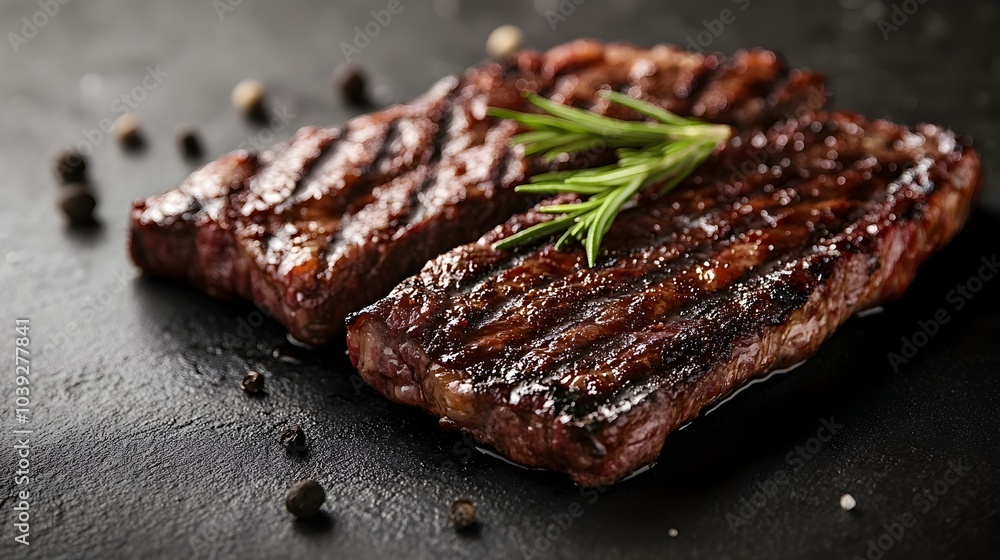 Juicy Flame Grilled Steak with Rosemary and Spices on Dark Wooden Background Juicy Flame Grilled Steak with Rosemary and Spices on Dark Wooden Background