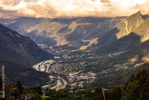 panorama view of Les House town with cableway to Mont Blamc mountain, French normal way photo