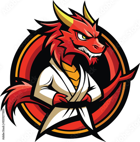 Fiery Karate Dragon Mascot: A fierce and stylized red dragon in a karate gi, exuding power and determination within a circular emblem. Perfect for martial arts schools, gaming, or branding. 