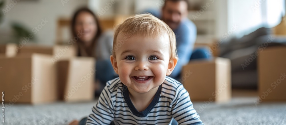 A happy baby boy crawls towards the camera with his parents in the background. A happy baby boy crawls towards the camera with his parents in the background.
