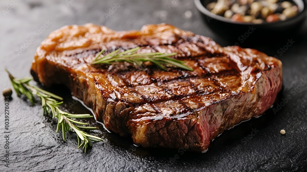 Mouthwatering Grilled Steak Dish on Stone Surface with Herbs and Seasoning for Magazine Style Cooking Photography Mouthwatering Grilled Steak Dish on Stone Surface with Herbs and Seasoning for Magazine Style Cooking Photography