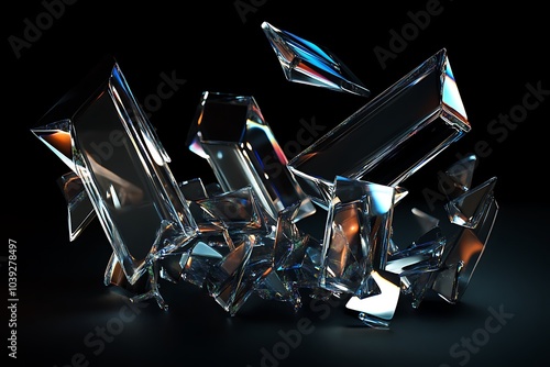 Abstract composition of shattered glass shards reflecting colorful light on a black background.