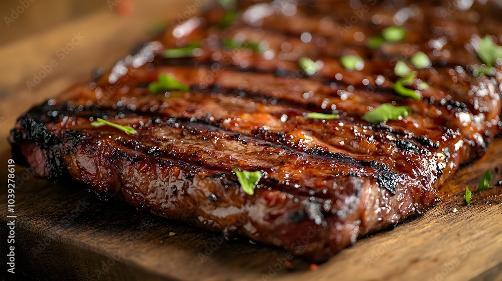 Close up of Perfectly Grilled Steak with Caramelized Edges and Sizzling Aroma on Wooden Cutting Board Close up of Perfectly Grilled Steak with Caramelized Edges and Sizzling Aroma on Wooden Cutting Board
