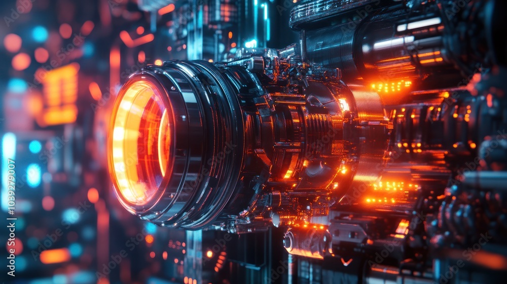 A futuristic, illuminated mechanical component showcasing advanced technology and design. A futuristic, illuminated mechanical component showcasing advanced technology and design.