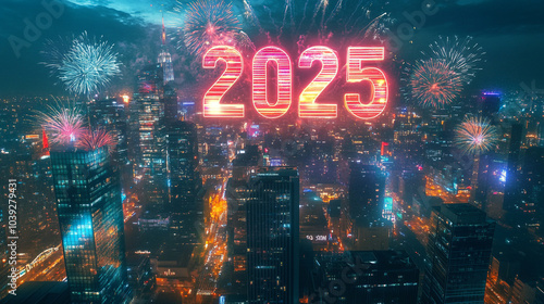 2025 New Year. Futuristic '2025' floating above a city skyline at midnight, fireworks bursting in vibrant colors across the night sky