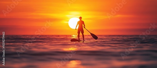 Silhouette of a man stand up paddleboarding at sunset.