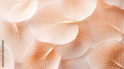 Macro shot of flower petals, beige translucent leaves with visible veins, soft textures, neutral colors, close-up, natural aesthetic, botanical wallpaper