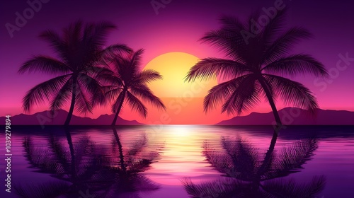 Silhouette of palm trees swaying gently in the warm tropical breeze, illuminated by vibrant hues of a setting sun, abstract reflections on water