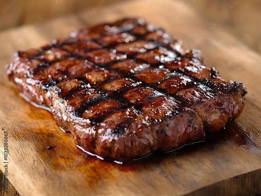 Sizzling BBQ Steak on Rustic Wooden Board with Clear Space for Text Sizzling BBQ Steak on Rustic Wooden Board with Clear Space for Text