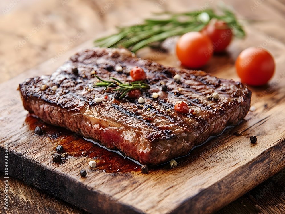 Savory Grilled Steak on Rustic Wooden Surface with Tomatoes and Herbs