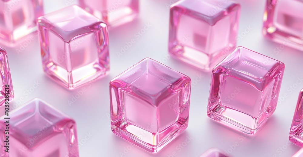Glass transparent cubes on light background, red and pink color palettes, business background, cosmetic perfume background Glass transparent cubes on light background, red and pink color palettes, business background, cosmetic perfume background